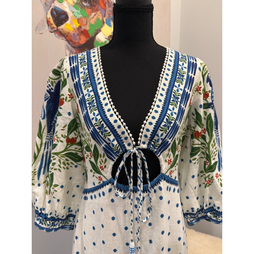 Farm Rio White Toucans And Leaves Linen Maxi Dress Small NWT - Picture 2 of 10
